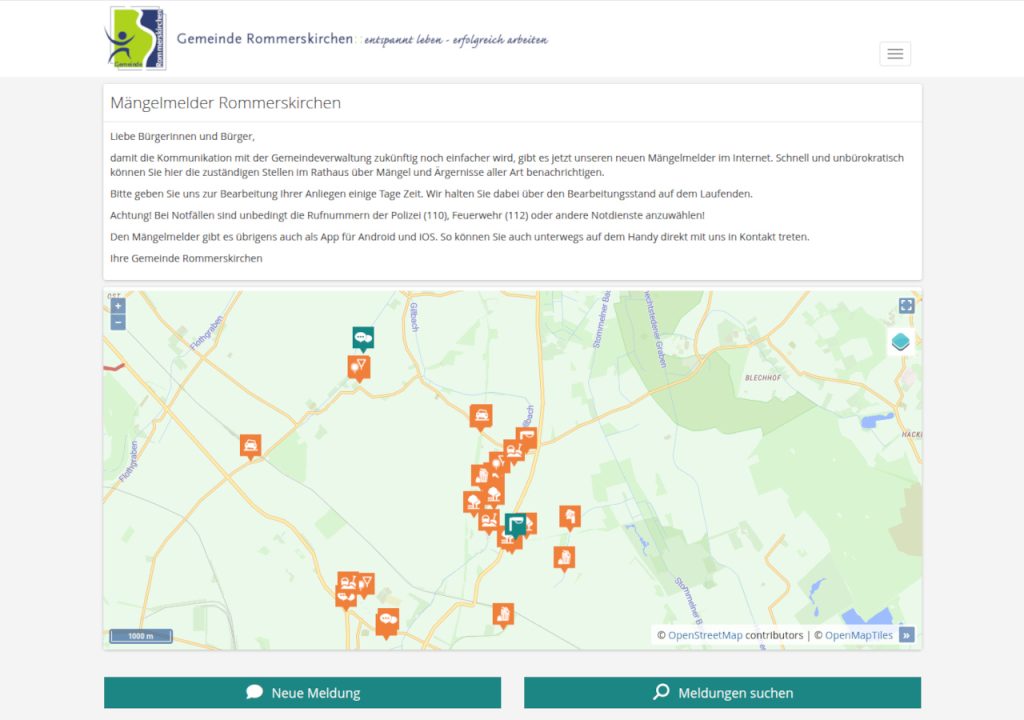 Screenshot vom neuen Mängelmelder Rommerskirchen. Zu sehen ist die öffentliche Anliegenkarte mit den bereits eingereichten Hinweisen der Bürger.