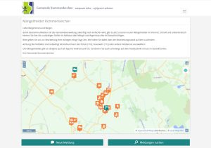 Screenshot vom neuen Mängelmelder Rommerskirchen. Zu sehen ist die öffentliche Anliegenkarte mit den bereits eingereichten Hinweisen der Bürger.