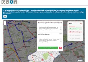 Screenshot von der Befragung zur Verkehrsberuhigung im ORF-Viertel der Stadt Graz. Teil der Befragung sind auch kartenbasierte Fragen und Antwortmöglichkeiten. Eine solche Frage mit digitaler Karte ist im Bild zu sehen: An welchen konkreten Orten im Planungsgebiet erleben Sie die Verkehrssituation als problematisch?
