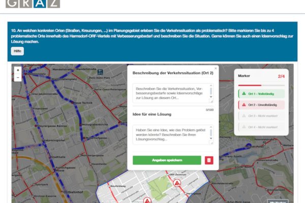 Screenshot von der Befragung zur Verkehrsberuhigung im ORF-Viertel der Stadt Graz. Teil der Befragung sind auch kartenbasierte Fragen und Antwortmöglichkeiten. Eine solche Frage mit digitaler Karte ist im Bild zu sehen: An welchen konkreten Orten im Planungsgebiet erleben Sie die Verkehrssituation als problematisch?