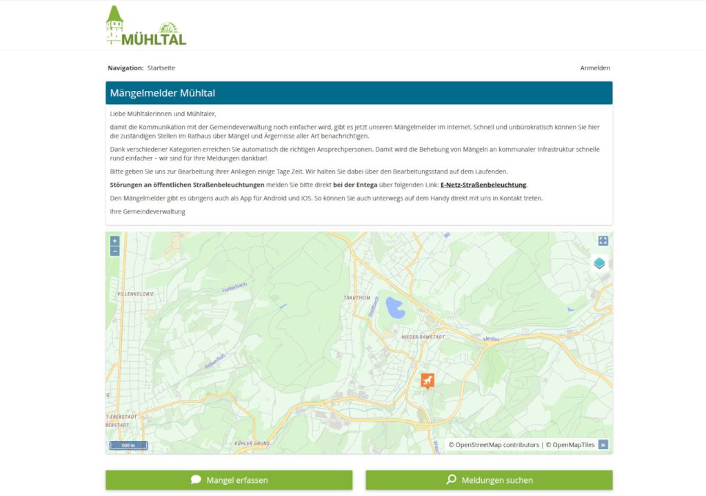 Screenshot vom Mängelmelder Mühltal. Über die städtische Website sowie die kostenfrei verfügbare Mängelmelder-App der wer denkt was GmbH können Anliegen und Schäden einfach online gemeldet werden.