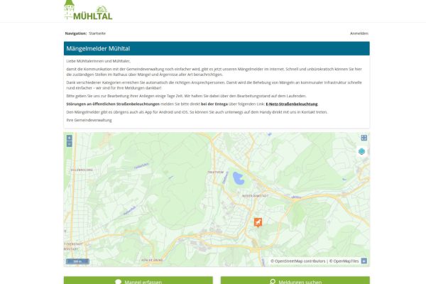 Screenshot vom Mängelmelder Mühltal. Über die städtische Website sowie die kostenfrei verfügbare Mängelmelder-App der wer denkt was GmbH können Anliegen und Schäden einfach online gemeldet werden.
