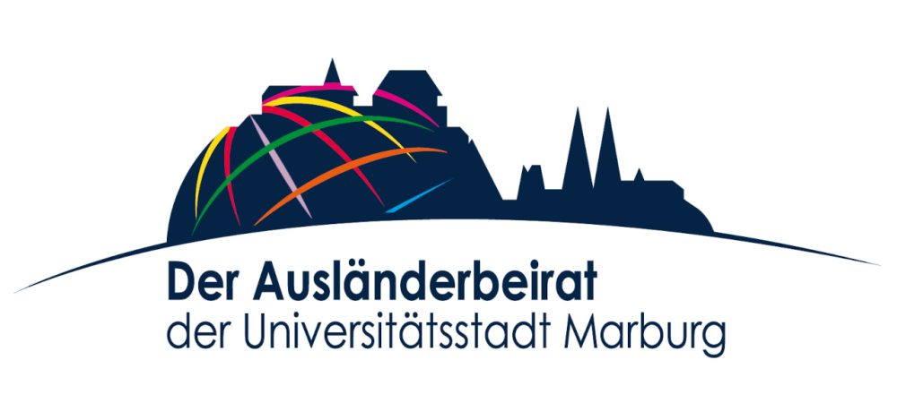 Logo vom Ausländerbeirat der Universitätsstadt Marburg. Zu sehen ist die Silhouette von der Elisabethkirche, vom Marburger Schloss sowie bunte Streifen als Symbol für Vielfalt.