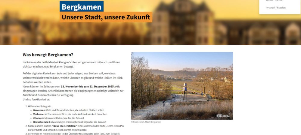 Screenshot der neuen Online-Plattform der Stadt Bergkamen. Die Plattform ist mehrsprachig und die erste mehrsprachige Online-Plattform, die mit dem KI-gestützten Übersetzer-Tool der wer denkt was GmbH umgesetzt wurde. Bis zum 21.12.25 ist dort eine ebenfalls mehrsprachige Online-Beteiligung aktiv, bei der Ideen für die Zukunft und ein neues Leitbild für die Stadt Bergkamen gefragt sind.