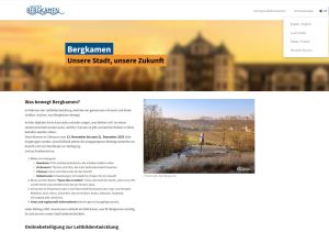Screenshot der neuen Online-Plattform der Stadt Bergkamen. Die Plattform ist mehrsprachig und die erste mehrsprachige Online-Plattform, die mit dem KI-gestützten Übersetzer-Tool der wer denkt was GmbH umgesetzt wurde. Bis zum 21.12.25 ist dort eine ebenfalls mehrsprachige Online-Beteiligung aktiv, bei der Ideen für die Zukunft und ein neues Leitbild für die Stadt Bergkamen gefragt sind.