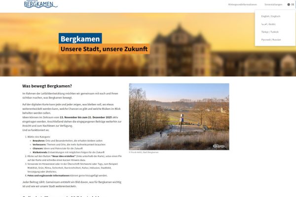 Screenshot der neuen Online-Plattform der Stadt Bergkamen. Die Plattform ist mehrsprachig und die erste mehrsprachige Online-Plattform, die mit dem KI-gestützten Übersetzer-Tool der wer denkt was GmbH umgesetzt wurde. Bis zum 21.12.25 ist dort eine ebenfalls mehrsprachige Online-Beteiligung aktiv, bei der Ideen für die Zukunft und ein neues Leitbild für die Stadt Bergkamen gefragt sind.