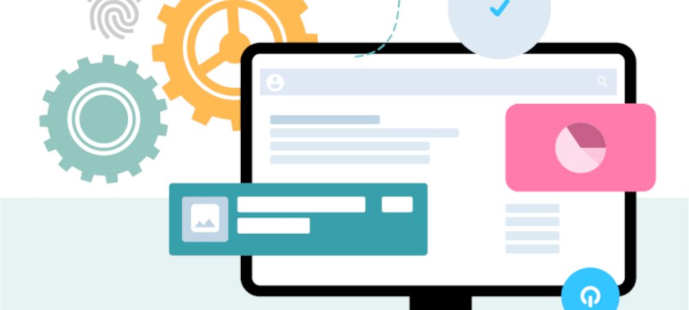 Ein Computerbildschirm mit Zahnrädern, Auswertungsgrafiken und Häkchen. Die Grafik präsentiert das Thema Digitalisierung, die das Entwicklungsteam der wer denkt was GmbH einfach und zukunftssicher gestaltet und Kunden dabei mit Low-Code und KI unterstützt.