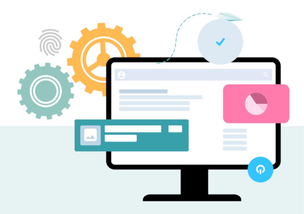 Ein Computerbildschirm mit Zahnrädern, Auswertungsgrafiken und Häkchen. Die Grafik präsentiert das Thema Digitalisierung, die das Entwicklungsteam der wer denkt was GmbH einfach und zukunftssicher gestaltet und Kunden dabei mit Low-Code und KI unterstützt.