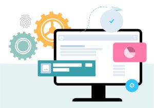 Ein Computerbildschirm mit Zahnrädern, Auswertungsgrafiken und Häkchen. Die Grafik präsentiert das Thema Digitalisierung, die das Entwicklungsteam der wer denkt was GmbH einfach und zukunftssicher gestaltet und Kunden dabei mit Low-Code und KI unterstützt.