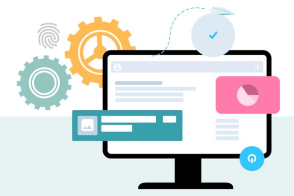 Ein Computerbildschirm mit Zahnrädern, Auswertungsgrafiken und Häkchen. Die Grafik präsentiert das Thema Digitalisierung, die das Entwicklungsteam der wer denkt was GmbH einfach und zukunftssicher gestaltet und Kunden dabei mit Low-Code und KI unterstützt.
