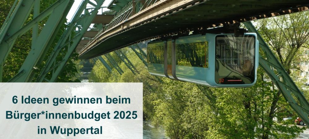 Schwebebahn in Wuppertal über der Wupper; Text auf Bild: 6 Ideen gewinnen beim Bürger*innenbudget 2025 in Wuppertal