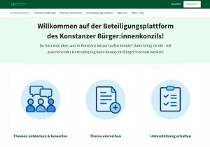 Screenshot der Website themen.buerginnenkonzil.de. Die Online-Plattform wurde auf Basis der Open Source Software CONSUL von der wer denkt was GmbH umgesetzt. Die Plattform unterstützt das zivilgesellschaftliche Engagement in Konstanz.
