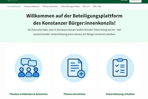 Screenshot der Website themen.buerginnenkonzil.de. Die Online-Plattform wurde auf Basis der Open Source Software CONSUL von der wer denkt was GmbH umgesetzt. Die Plattform unterstützt das zivilgesellschaftliche Engagement in Konstanz.