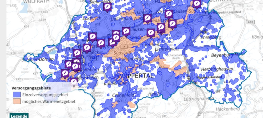 Die Stadt Wuppertal geht die Kommunale Wärmeplanung an. Die Grafik zeigt einen Teil der Online-Beteiligung: eine digitale Karte der Stadt mit farbigen Markierungen, die Aufschluss geben, wo Wärmenetze oder Einzelversorgung für die Wärmeversorgung in Frage kommen. Zahlreiche kleine Symbole auf der Karte zeigen, für welche orte in der Stadt die Bürger:innen eigene Ideen zur Wärmeplanung haben.