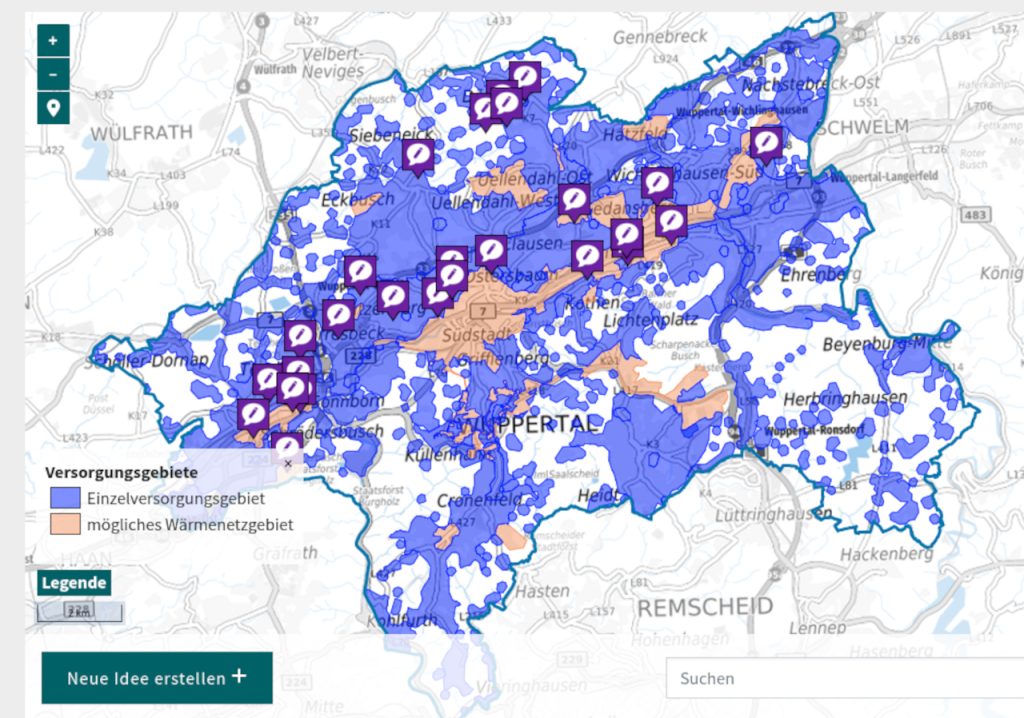 Die Stadt Wuppertal geht die Kommunale Wärmeplanung an. Die Grafik zeigt einen Teil der Online-Beteiligung: eine digitale Karte der Stadt mit farbigen Markierungen, die Aufschluss geben, wo Wärmenetze oder Einzelversorgung für die Wärmeversorgung in Frage kommen. Zahlreiche kleine Symbole auf der Karte zeigen, für welche orte in der Stadt die Bürger:innen eigene Ideen zur Wärmeplanung haben.