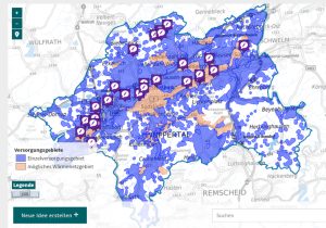Die Stadt Wuppertal geht die Kommunale Wärmeplanung an. Die Grafik zeigt einen Teil der Online-Beteiligung: eine digitale Karte der Stadt mit farbigen Markierungen, die Aufschluss geben, wo Wärmenetze oder Einzelversorgung für die Wärmeversorgung in Frage kommen. Zahlreiche kleine Symbole auf der Karte zeigen, für welche orte in der Stadt die Bürger:innen eigene Ideen zur Wärmeplanung haben.