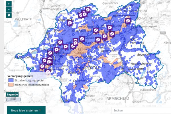 Die Stadt Wuppertal geht die Kommunale Wärmeplanung an. Die Grafik zeigt einen Teil der Online-Beteiligung: eine digitale Karte der Stadt mit farbigen Markierungen, die Aufschluss geben, wo Wärmenetze oder Einzelversorgung für die Wärmeversorgung in Frage kommen. Zahlreiche kleine Symbole auf der Karte zeigen, für welche orte in der Stadt die Bürger:innen eigene Ideen zur Wärmeplanung haben.