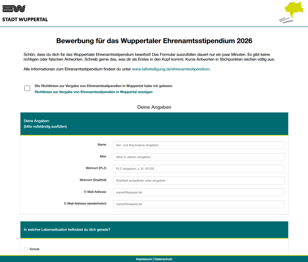 Online-Bewerbungsformular für das Ehrenamtsstipendium in Wuppertal