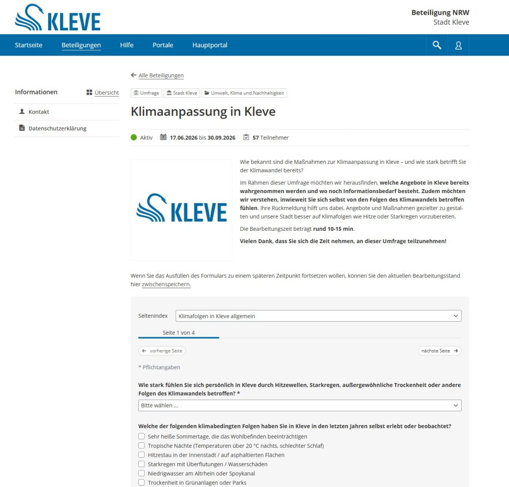 Ein Screenshot der Online-Umfrage zur Klimaanpassung der Stadt Kleve auf beteiligung.nrw.de