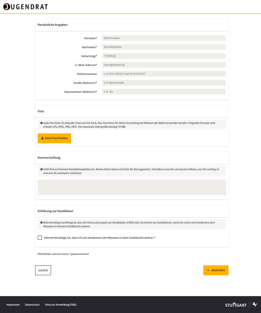 Screenshot des Bewerbungsformulars für den Stuttgarter Jugendrat 2027